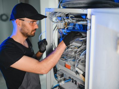A technician works with server equipment in a data center. A man commutes wires in a server room.